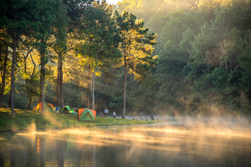 Wall Mural - morning in pang oung with the light and shadow and steam over th