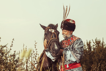 Wall Mural - King dressed in medieval costume is stroking his horse 