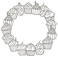 black and white frame with cute cupcakes for coloring book