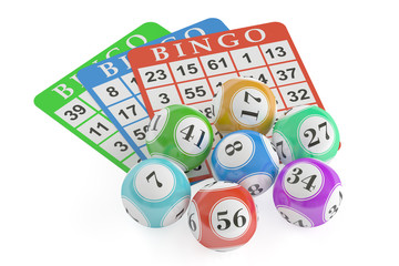 Poster - Bingo concept, lottery balls and cards. 3D rendering