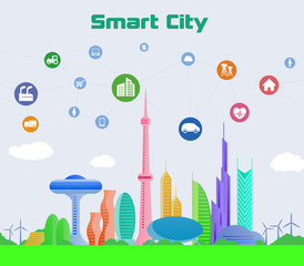 Poster - smart city conceptual illustration with various technological icons, futuristic cityscape and modern lifestyle, smart gird, IoT(Internet of Things), ICT(Information Communication Technology)