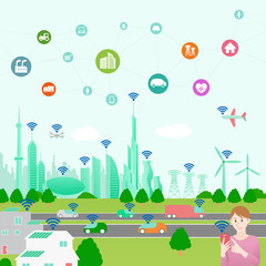 Aufkleber - smart city and people conceptual illustration with various technological icons, futuristic cityscape and lifestyle, smart gird, IoT(Internet of Things), ICT(Information Communication Technology)