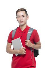 Happy Asian College Student Holding Tablet on Isolated White Bac