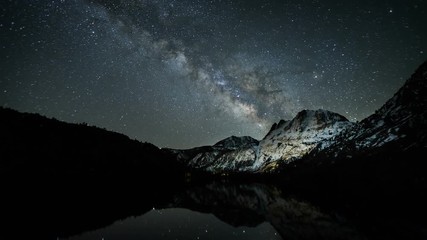 Wall Mural - amazing time-lapse of the night sky with the stars being reflected in a lake.
