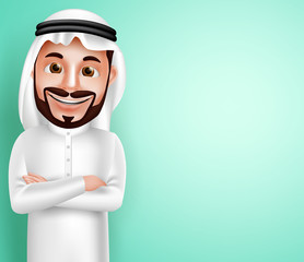 Wall Mural - Saudi arab man vector character wearing thobe happy posing with blank space in the background for text contents. Vector illustration.
