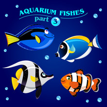 Vector Set Of Marine Aquarium Fishes. Part 3. Illustration In Cartoon Style