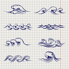 Wall Mural - hand drawn waves set. sketch of waves on notebook page. vector illustration