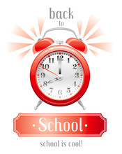 Back To School Vector Illustration With Yellow Alarm Clock Icon On White Background, Abstract Vintage Design Template