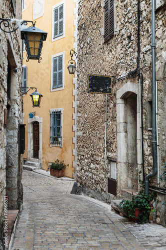 Fototapeta na wymiar Narrow cobbled street with flowers in the old village Tourrettes