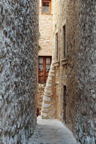 Fototapeta na wymiar Narrow cobbled street with flowers in the old village Tourrettes