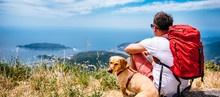 Man And His Dog Sitting On Mountain And Looking At Sea Horizon
