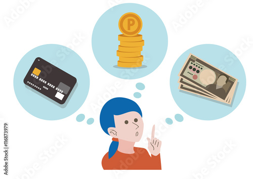 イラスト素材 お金について考える女性 ポイント 現金 クレジットカード