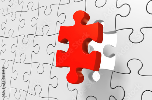Fotografie, Obraz Missing red puzzle piece being inserted to solve a complex challenge, 3D renderi