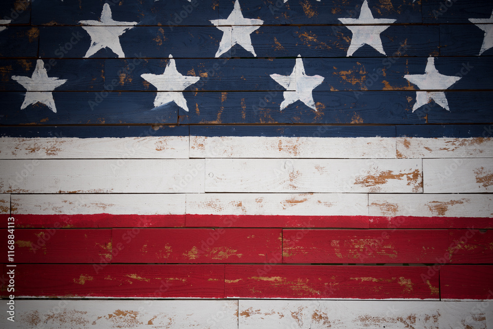 Obraz na płótnie United States flag painted on wooden planks forming a background w salonie