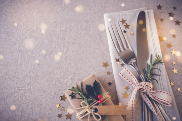 Wall Mural - New Year eve 2024, Christmas food menu, holiday breakfast, lunch , dinner table place setting, festive background