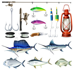 Wall Mural - fishing set with equipment and fish