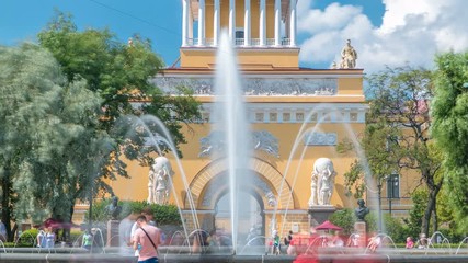 Wall Mural - The fountain at the main entrance to the Admiralty building timelapse Sunny summer day in St. Petersburg