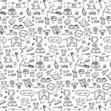 Seamless Pattern Hand Drawn Doodle Pets Stuff And Supply Icons Set. Vector Illustration. Symbol Collection. Cartoon Dog Care Elements: Kennel, Leash, Food, Paw, Bowl, Bone And Other Goods For Pet Shop