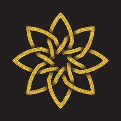 Wall Mural - Golden glittering logo template in Celtic knots style on black background. Tribal symbol in octagonal flower form. Gold ornament for jewelry design.