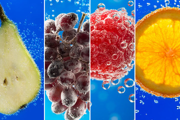 Wall Mural - Fruits and berries (photo collage) into the glass of soda