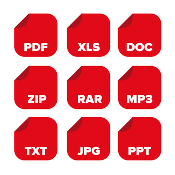 file extensions icons set: pdf, xls, doc, zip, rar, mp3, txt, jp