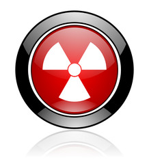 Poster - Red and black glossy round radiation vector icon. Modern design circle nuclear button.