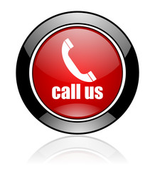 Poster - Red and black glossy round call us vector icon. Modern design circle contact button.