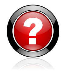 Poster - Red and black glossy round question mark vector icon. Modern design circle ask help button.