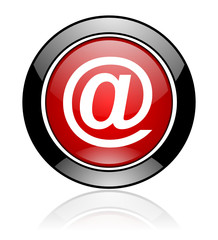 Poster - Red and black glossy round mail vector icon. Modern design circle email button.