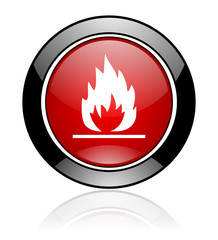 Poster - Red and black glossy round flame vector icon. Modern design circle fire button.