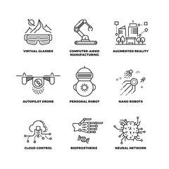 Sticker - Future technology and robot artificial intelligence outline vector icons