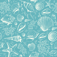 Seamless Pattern With Seashells On Blue
