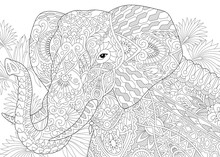 Stylized Elephant Among Leaves Of Palm Tree. Freehand Sketch For Adult Anti Stress Coloring Book Page With Doodle And Zentangle Elements.