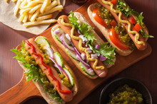 Grilled Hot Dogs With Vegetables Ketchup Mustard
