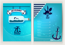 Restaurant Menu Concept With Marine Design Elements. Seafood Restaurant.