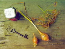 Fresh Onion And Dill Flower With Old Key And Metal Box