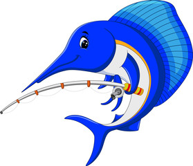 Wall Mural - illustration of Marlin fish cartoon with fishing pole