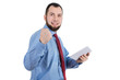 © illustrissima - success gesture  bearded man in blue shirt and tie holds tablet isolated