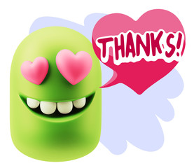 3d Rendering. Emoji in love with heart eyes saying Thanks with C