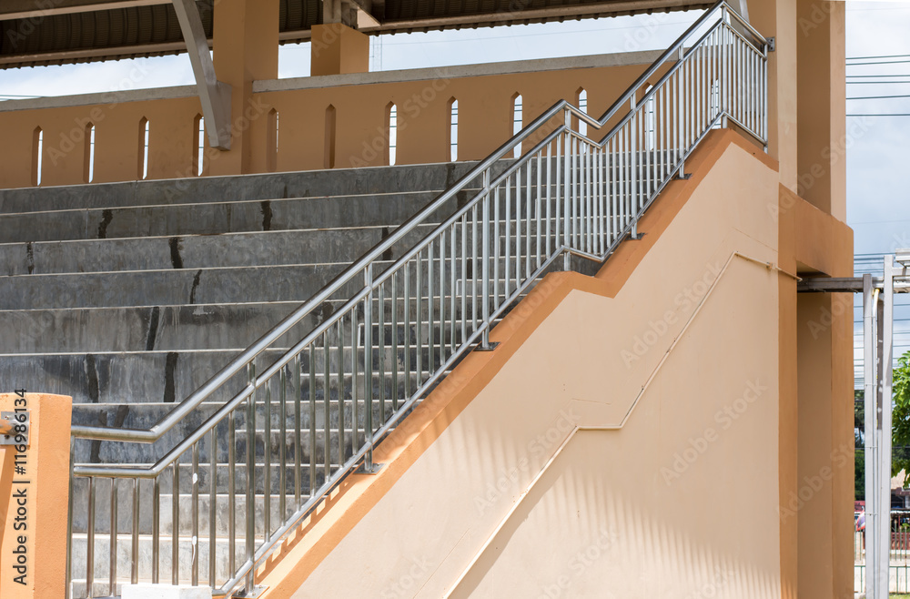 Stadium Railing Stainless steel handrails and steps in a building stadium. Stock Photo ...