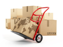 Cardboard Boxes With Earth Shape On Truck Hand Trolley. 3D Illustration