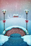 Fototapeta Pokój dzieciecy - Greeting Card Merry Christmas with  snow bridge and  winter village