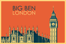 Vintage Poster Of Big Ben In London Famous Monument InUnited Kingdom