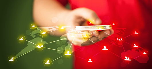 Poster - Smart man holding telephone with social media network connection