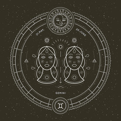 Wall Mural - vintage thin line gemini zodiac sign label. retro vector astrological symbol, mystic, sacred geometr