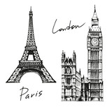 Fototapeta Paryż - Illustration of Eiffel Tower in Paris and Elizabeth Tower (Big B
