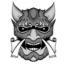 The Demon's Head. Connected To The Western And Asian Style Of Drawing. You Can Switch Off The Dotting. Pointed Ears, Abstract Painted Eyes. Black And White. Vector.