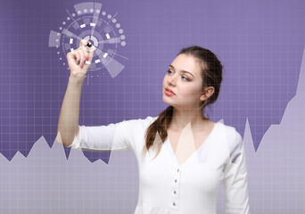 Young woman working with graph chart. Future technologies for busines, stock market concept.