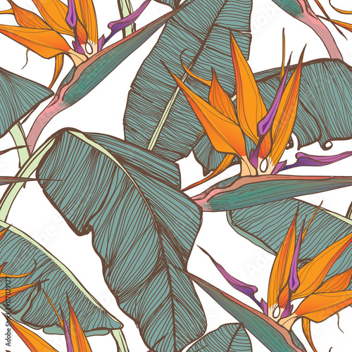 Stoffe zum Nähen Seamless background with palm leaves and tropical flowers