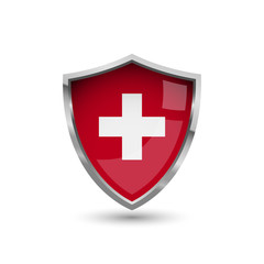 Wall Mural - National flag of Switzerland. Flag on the metal shield with glare.